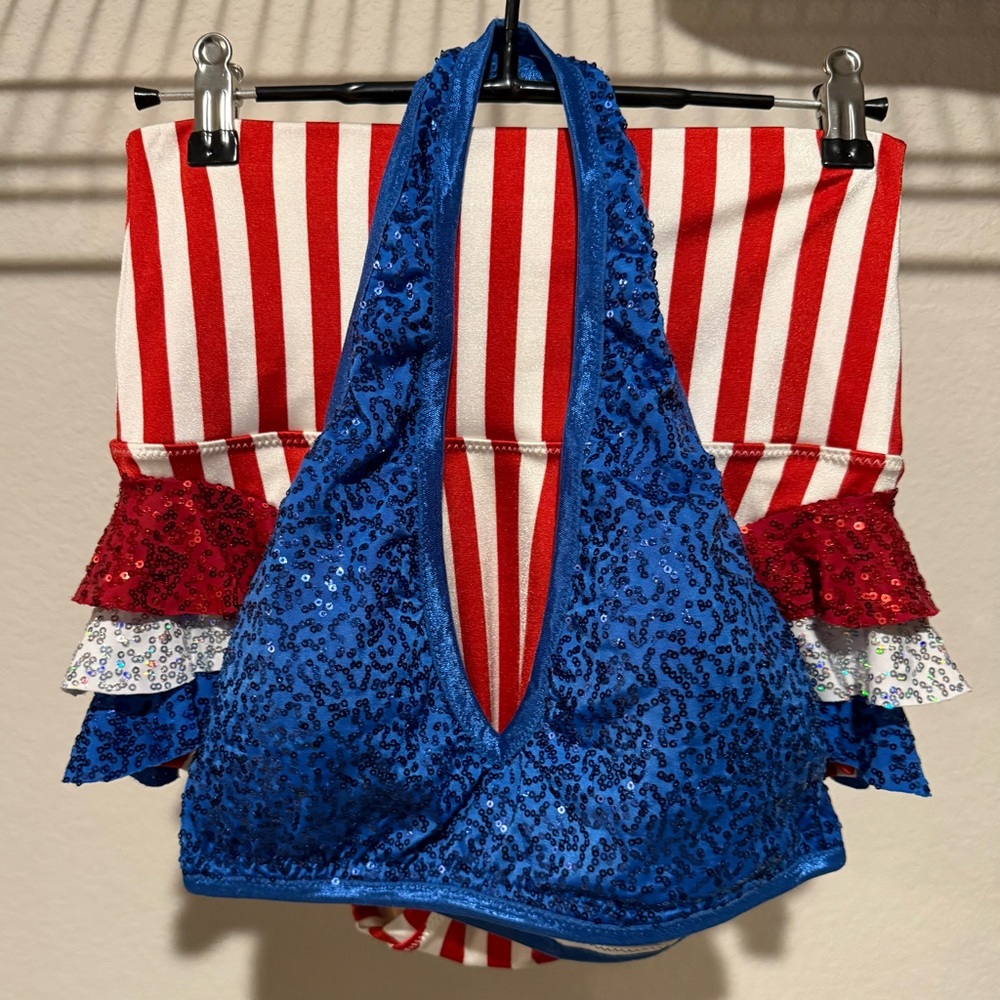 Blue Sequin Halter Top with Red and White Striped High Waist Briefs